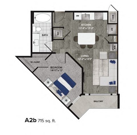 Floor plan for 1 bed, 1 bath, 715 sqft